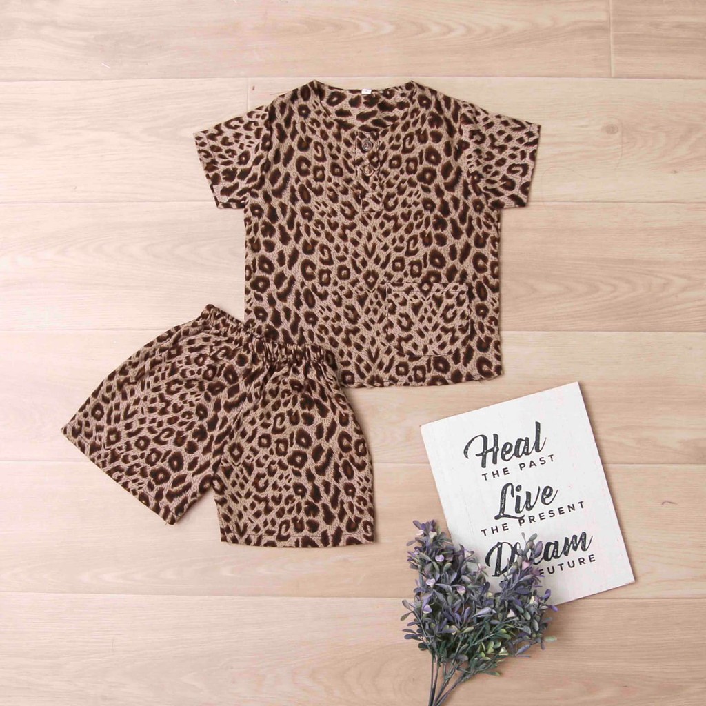 Jikialiang - SETELAN RAYON ANAK UNISEX USIA 1-6 TAHUN LEOPARD PENDEK DAN LEOPARD PANJANG