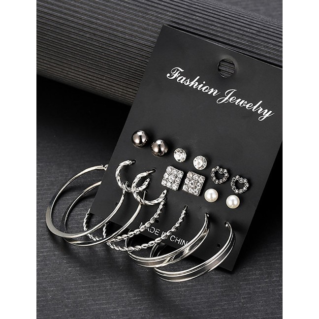 LRC Anting Set Fashion Silver Pearl Leaf Geometric Earring Set F88399