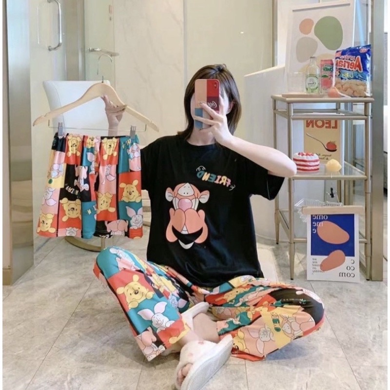 JC- Stelan Oversize 3in1 Import / Piyama 3in1 / Piyama Korea wanita terbaru Murah-3in1TigerFriendBlack