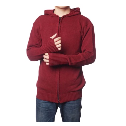 INDO - Jaket Rajut Ariel Polos Pria Wanita | Sweater Hoodie Rajut Zipper Maroon