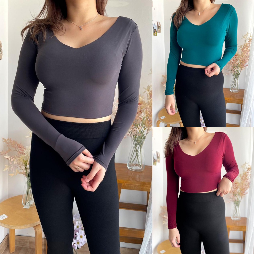 [LC] Pluffyschoice Venice CROP Top V-neck Atasan Wanita Lengan Panjang Bahan Jersey S-XXL Bigsize-7