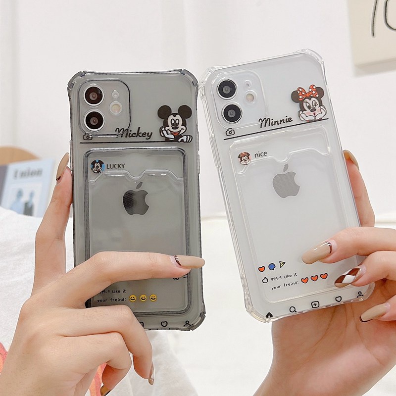 Mickey &amp; Minnie Card Bag Soft Case iP iPhone 7 8 + Plus X XR SE 2020 XS Max 11 12 13 Pro Max Black Clear Casing