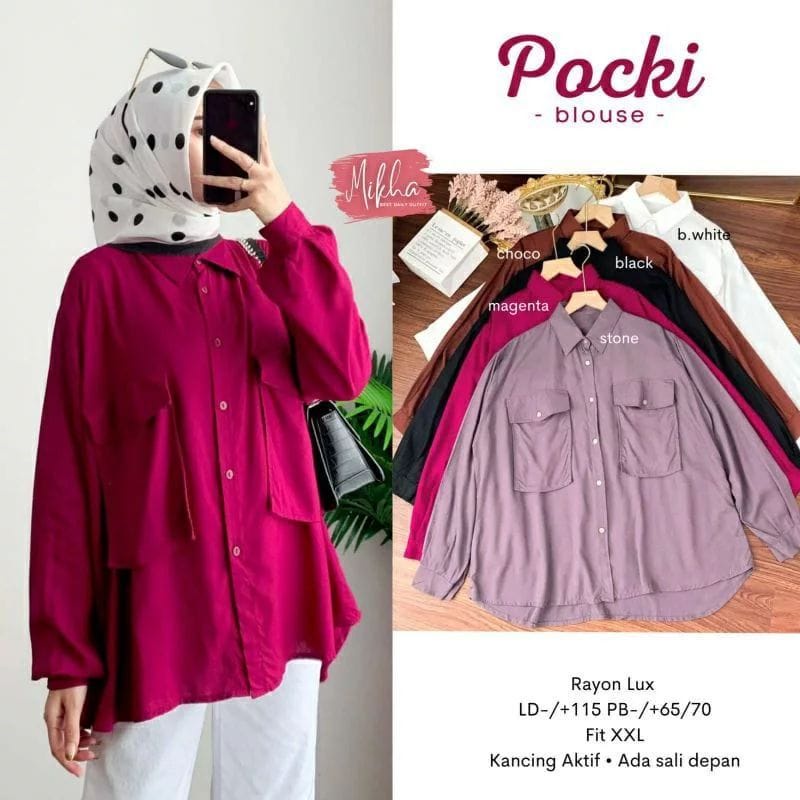 Pocki Blouse Matt Katun Rayon Atasan Wanita Terbaru Kemeja Wanita Jumbo Baju Lengan Panjang Wanita