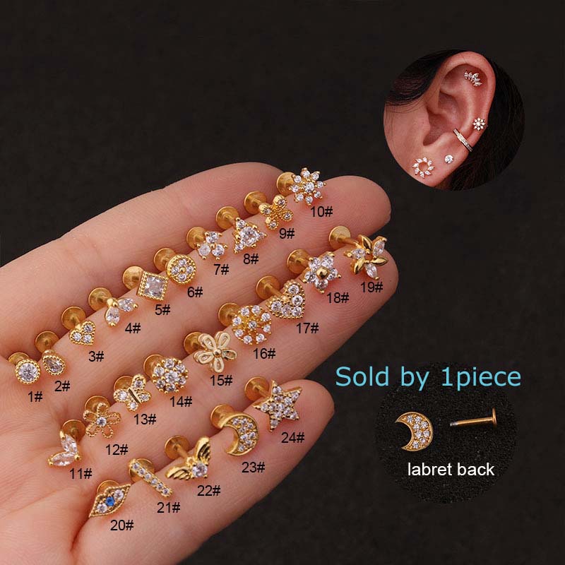 1buah Stainless Steel Bibir Labret Stud Anting Tulang Rawan Daith Piercing 16G Emas Perak