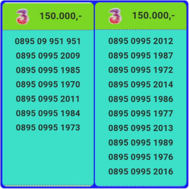 Nomor Cantik tri 3 tree seri Tahun Lahir 0895 0995 19xx obral
