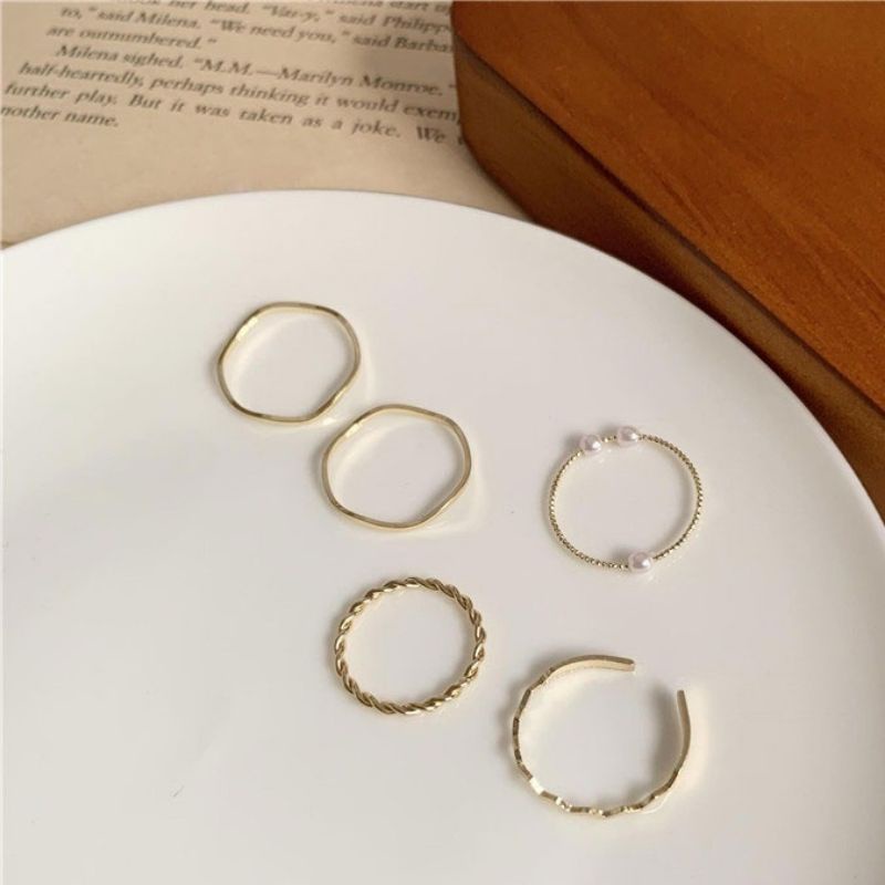 Set (isi 5 buah) Cincin Ring Mutiara Alloy Geometri Aneka Bentuk Korean Pearl Ring Korea