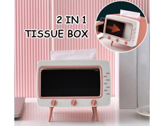 Kotak Tissue Box Organizer Bentuk TV Tempat Tisu + Stand Phone Holder