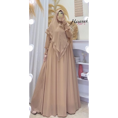 Gamis syari hasanah bahan ceruty baby doll premium full furing / busui / resleting-Cream