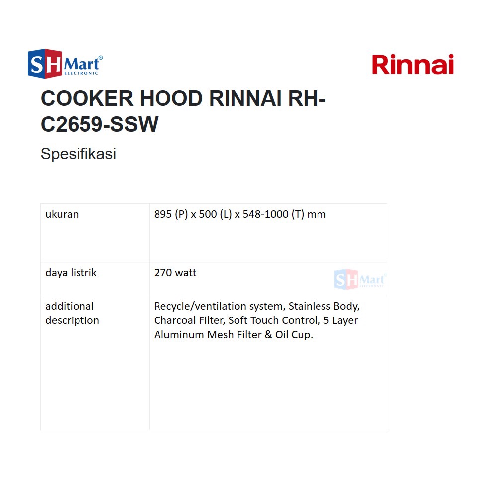 COOKER HOOD RINNAI RH C 2659 SSW / RH-C2659-SSW PENGHISAP ASAP (MEDAN)