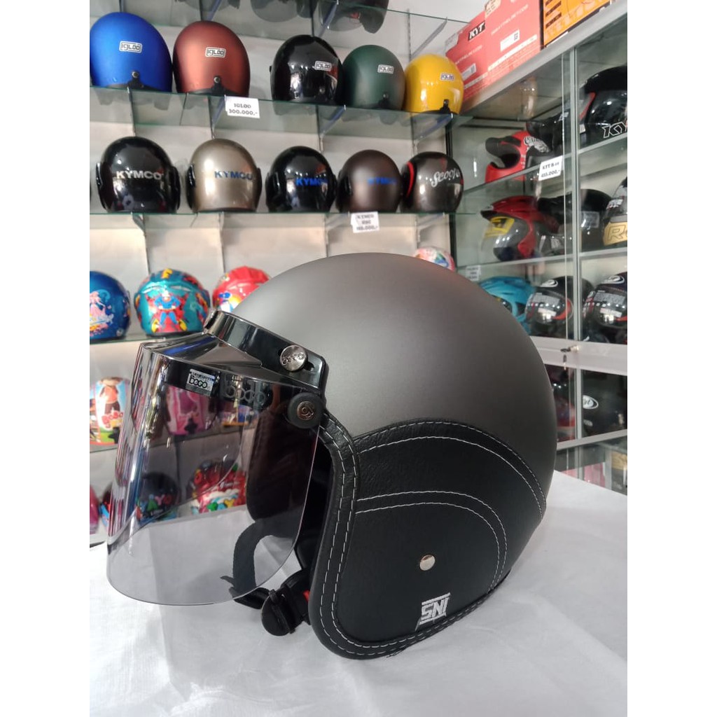 AIZO Helm Semi Kulit Half Face Dewasa Kaca Bogo Datar Original Warna Abu Doff Standar Keamanan Berla