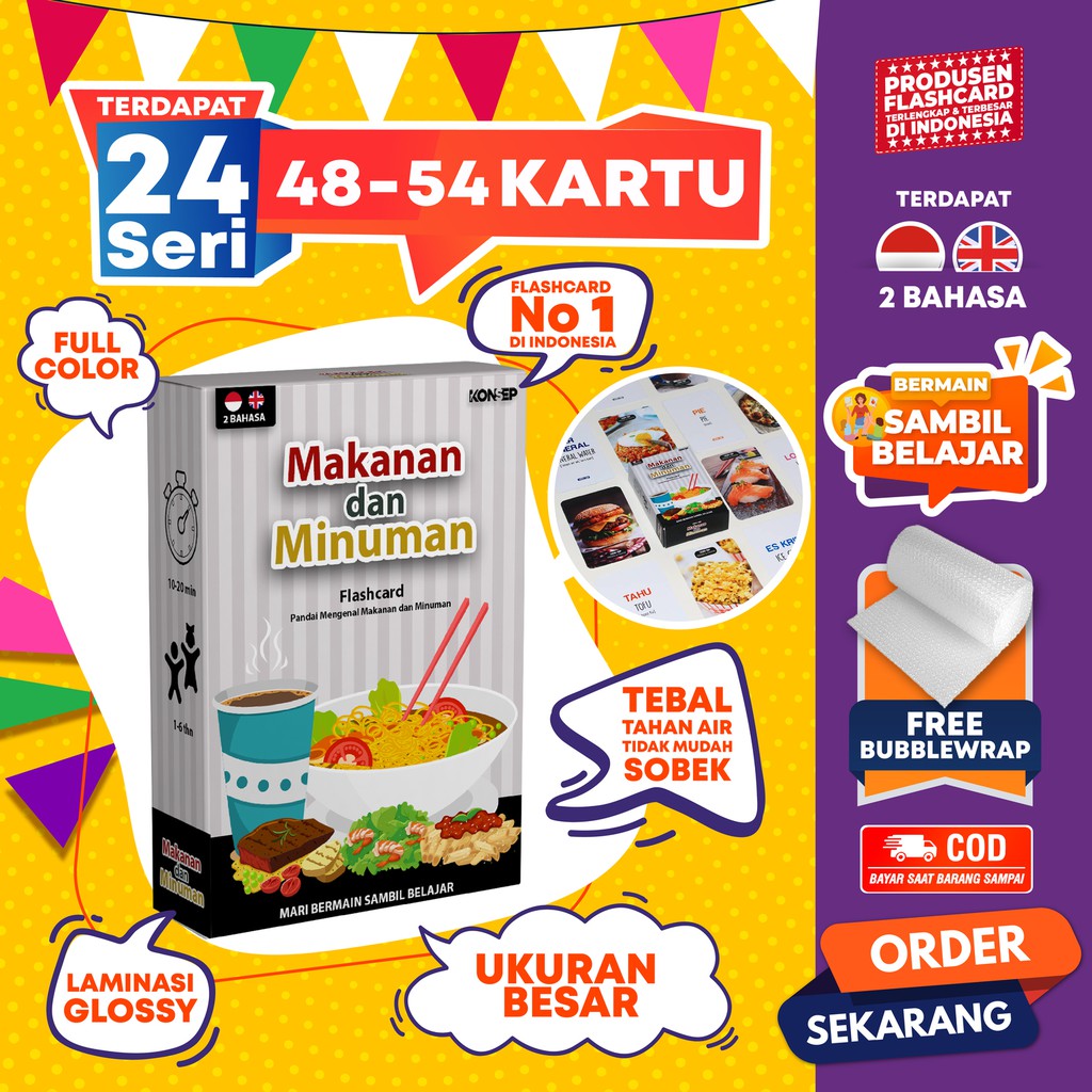 [1KG=10PCS] Konsep Flashcard Makanan dan Minuman / Flash Card / Mainan Edukasi Kartu Pintar Anak