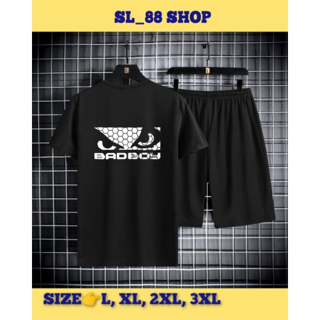 Set Pakaian Pria, Kaos+Celana Pendek Bermotif  BadBoy White