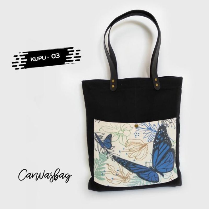 Tas Wanita Totebag Motif Kupu Canvas warna hitam utk Kuliah sekolah
