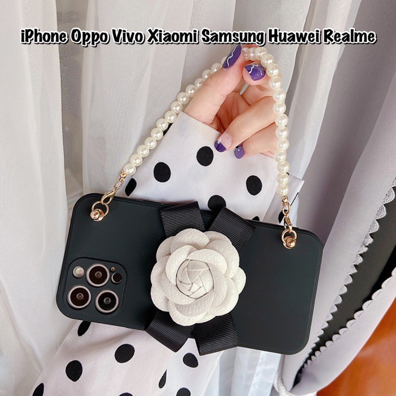 Flower Ribbon Case + Pearl Chain Iphone 12 11 pro max Samsung A32 A52 Vivo Y50 V21 Se Y20 Realme 6 7