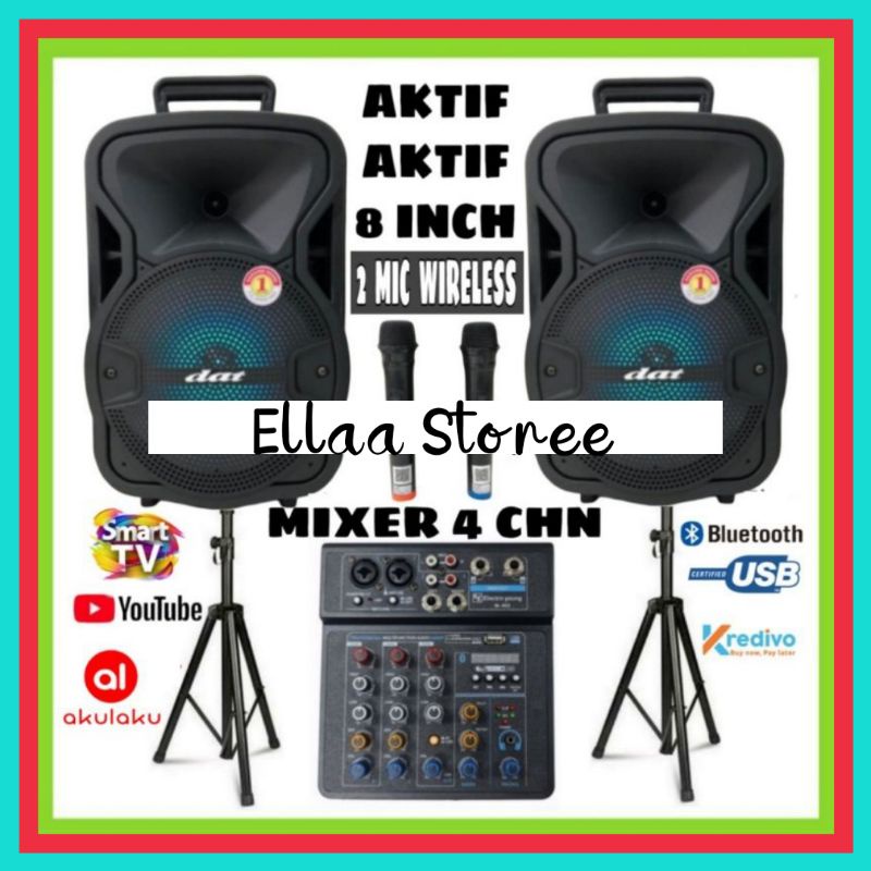 Paket Sound Aktif 2 Dat 8 Inch Mixer Karaoke Bluetooth 2 Mic Wireless Plus 2 Stand Speaker