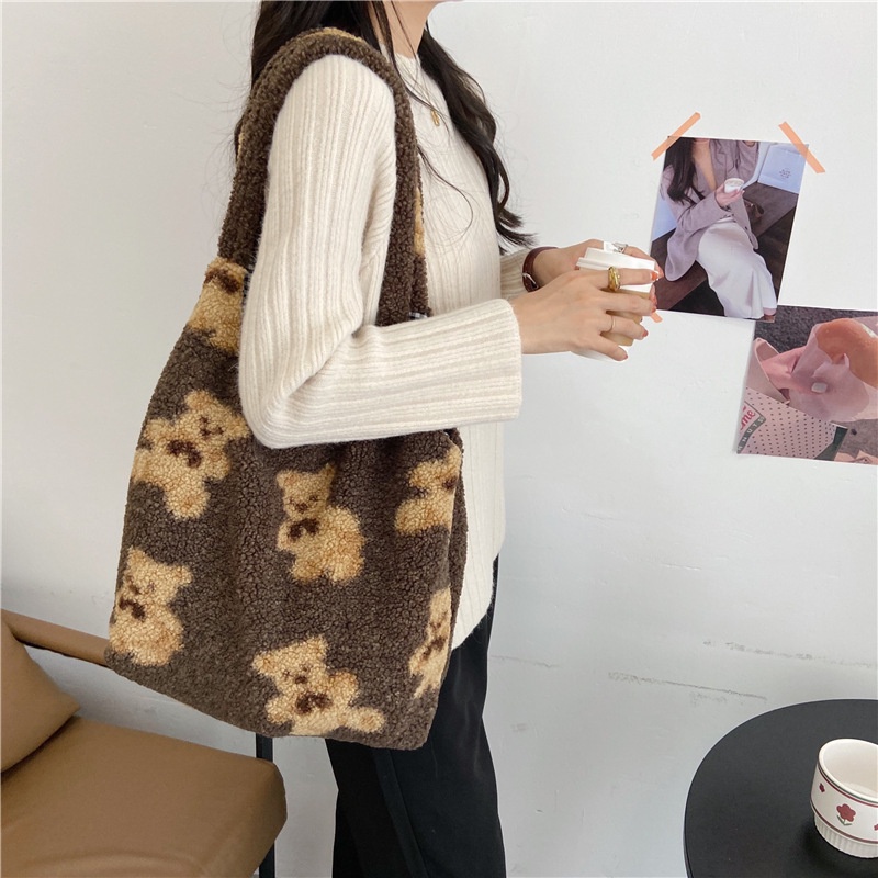 TB-79 tas bahu bulu halus motif beruang cute bear import korea jepang