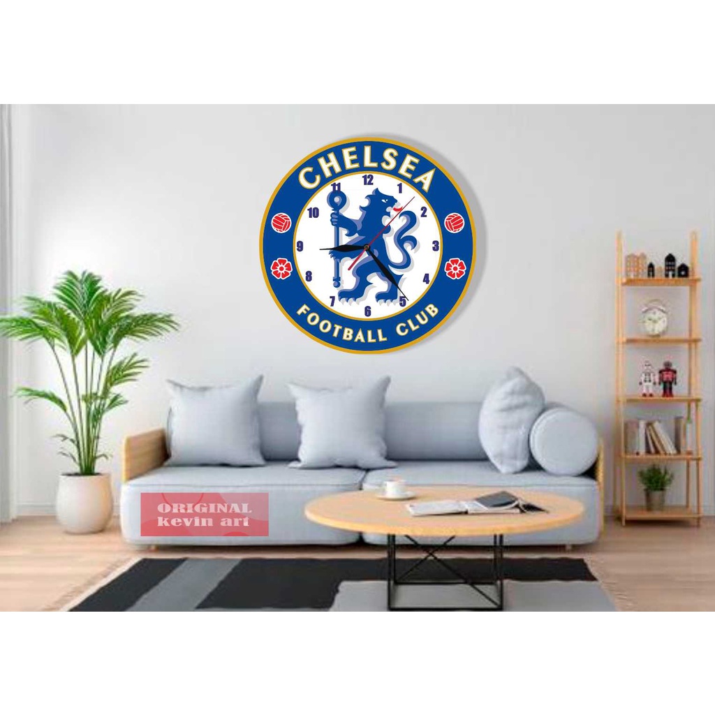 JAM DINDING KAYU UNIK BESAR KARAKTER GAMBAR LOGO CHELSEA