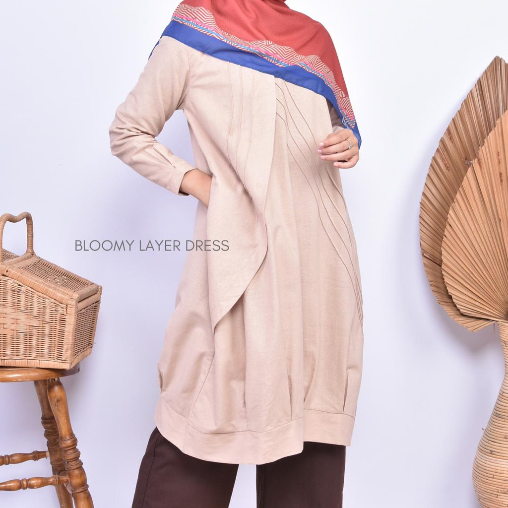 NJFabrics Bloomy Layer Dress Gamis Midi Casual Hijab Wanita Linen Premium Mocca