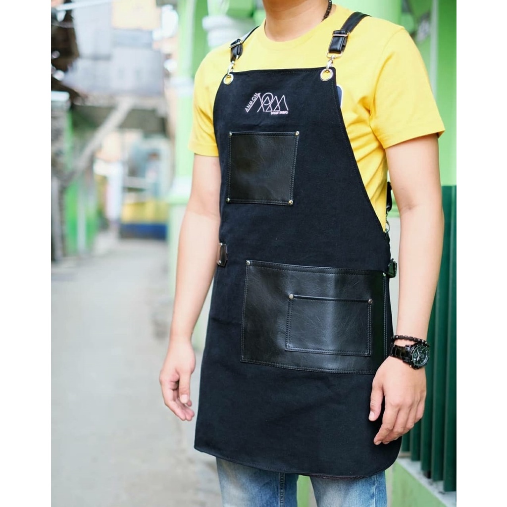 apron black denim/jeans for barista/barber crossback strep synthetic leather