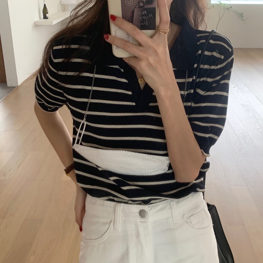 Sweater Polo Wanita Kaos Rajut Korean Retro Style Knit Striped T-shirt