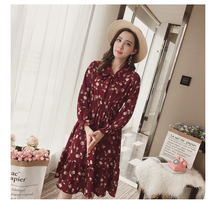 COD 2022 New Fashion Summer Merah Biru Tua Merah Wanita Midi Dress Korea Lengan Panjang Muslimah Motif Bunga Panjang Gaun