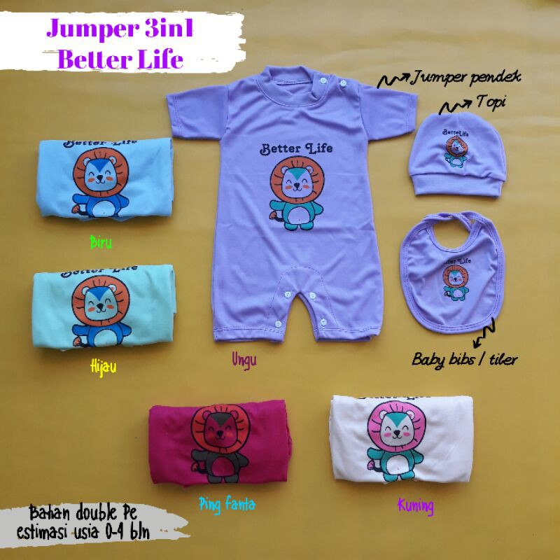 Jumper set 3in1 jumper pendek topi baby bibs better life