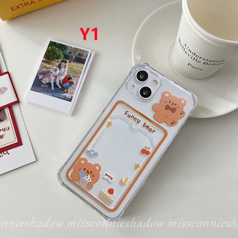 IPHONE Couple Soft Tpu Sweet Bunny Dompet Slot Shockproof Phone Case Kompatibel Untuk Iphone7 8 6 6s Plus XR X XS Max 11 12 13 14 Pro Max SE Tas Kartu Bening Beruang Lucu Imut Anti Jatuh Cover