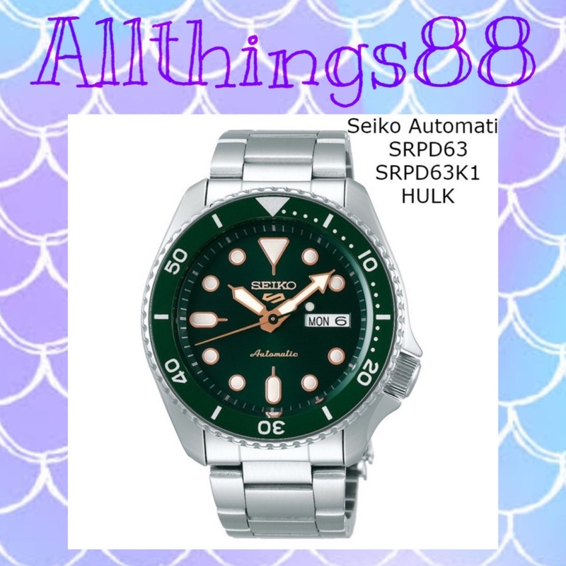 Jam Tangan Pria Seiko Automatic SRPD63 SRPD63K1 HULK ORIGINAL GARANSI RESMI dark green silver Analog