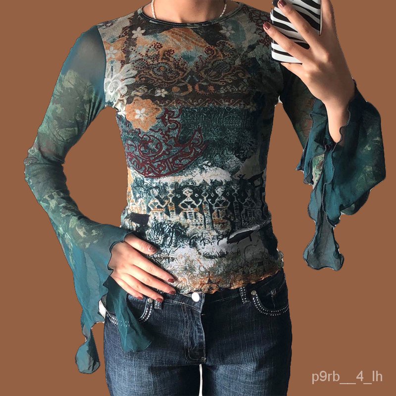 Y2K Fairy Grunge Graphic T-shirt Autumn Patchwork Mesh Long Flare Sleeeve Crop Top 90s Vintage Women