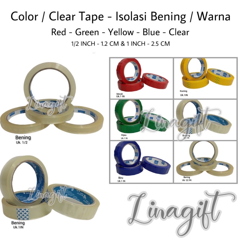 ( Rol 90 Yard ) COLOR CLEAR TAPE - ISOLASI BENING PLASTIK / WARNA 12MM / 24MM - 1/2 INCH 1 IN 0.5 IN 1.2CM 2,5CM