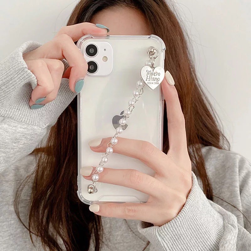 Grip Case Chain Metal Silver with Pearl ALL PHONE TYPES Oppo Reno 5 5f 4 4f Vivo Y51A V21 V20 Y12 SE