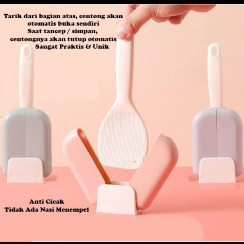 Sendok Nasi Dengan Penutup Otomatis Holder Tempat Centong Entong Nasi Ajaib