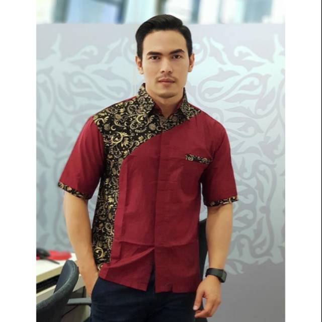Kemeja Hem Batik Kombinasi Prada Emas Gold Marun Baju Atasan Pria Batik  Modern