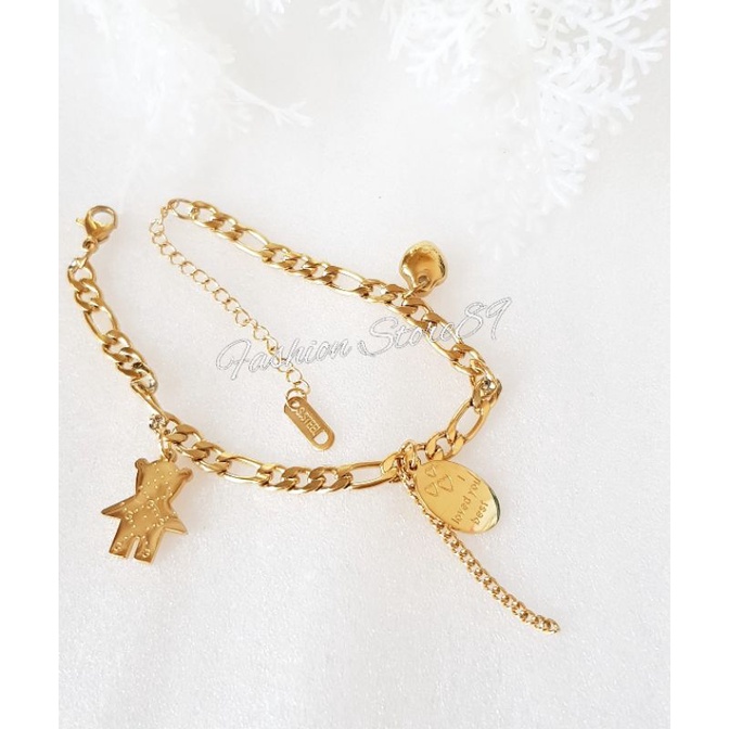 Gelang Tangan Rantai motif Bear Love Titanium Gold Antikarat Fashion Dewasa