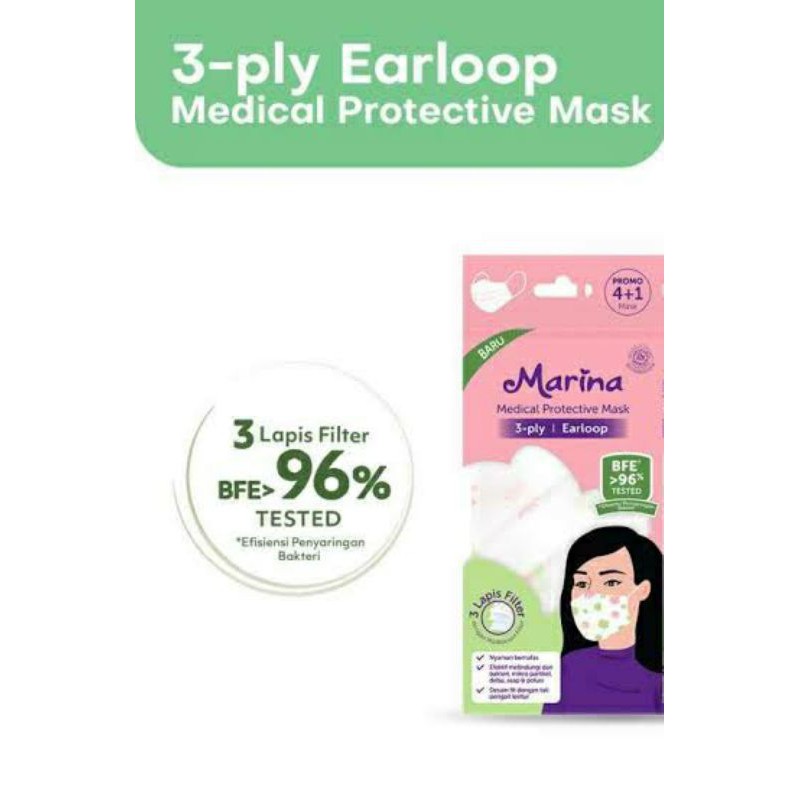 Marina Medical Protective Mask Earloop ( 1 bungkus @5 pcs Masker Medis )
