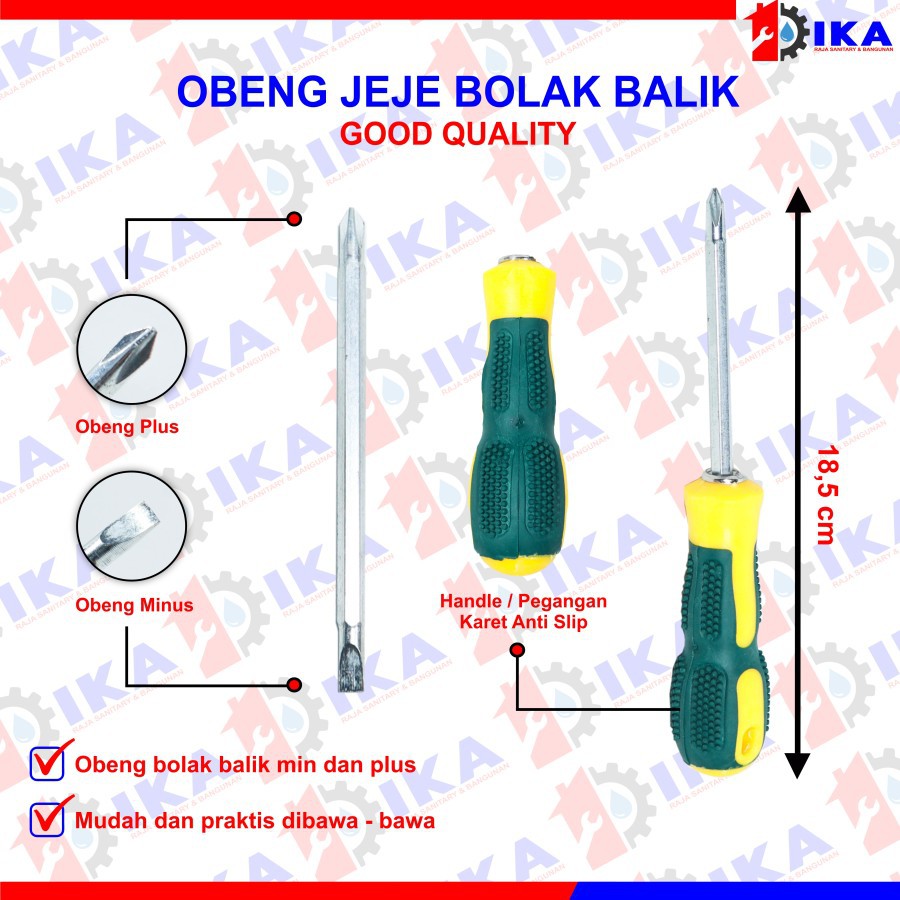 Obeng Bolak balik 4&quot; obeng gagang karet hijau kuning 4 inci