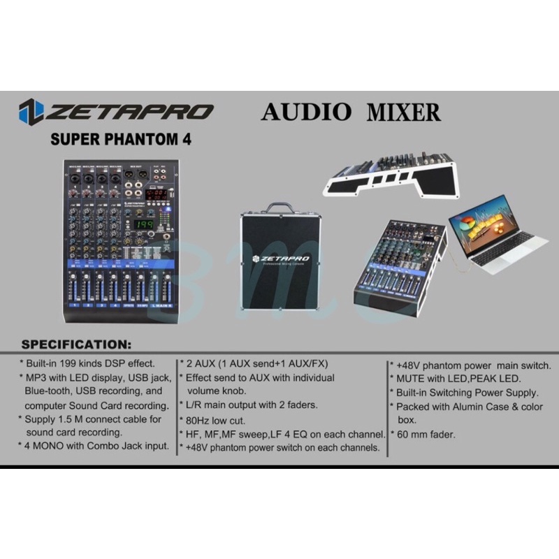 Mixer Audio ZETAPRO 4 Channel Super Phantom 4 Original USB BT Cover