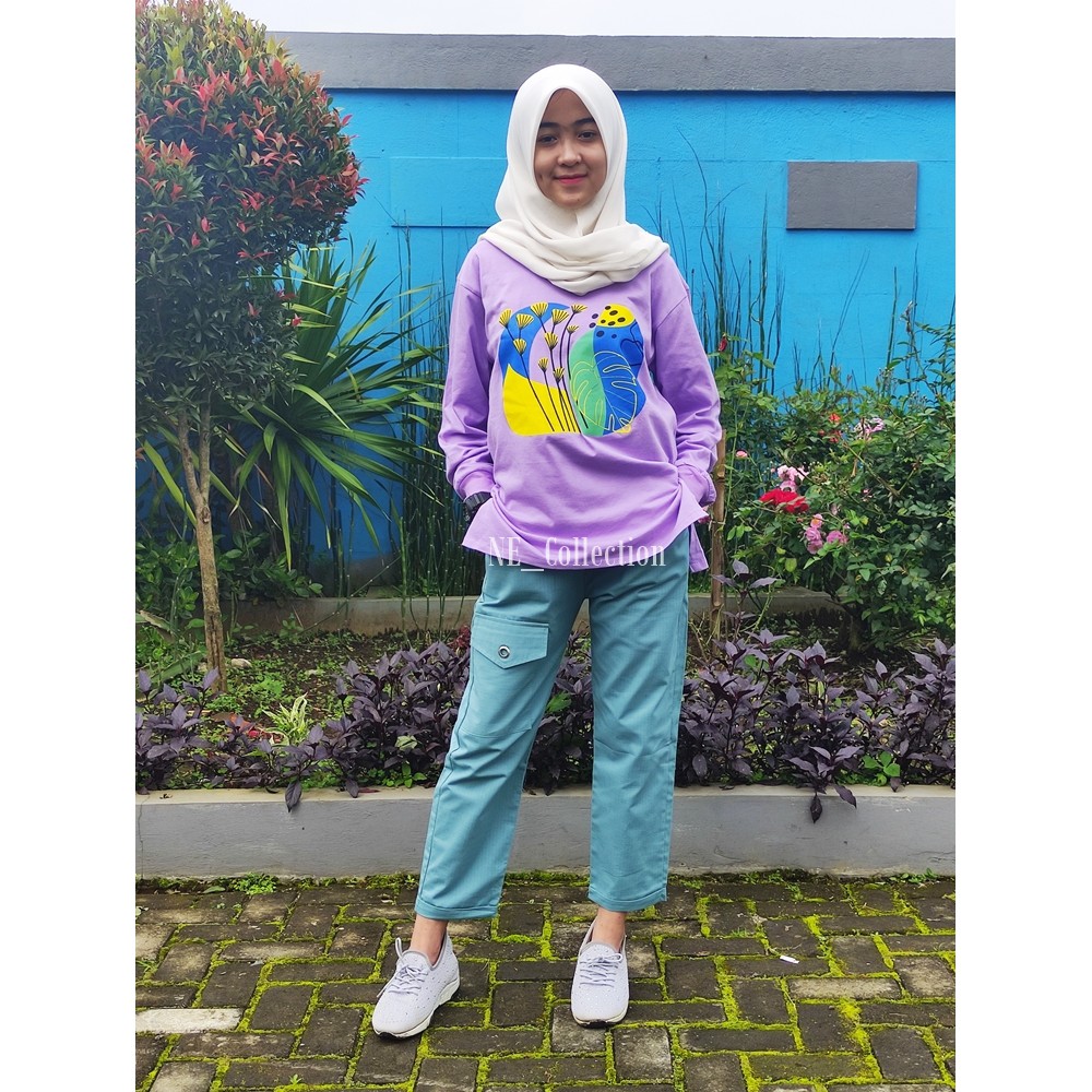 T-Shirt Wanita Kaos Lengan Panjang Ungu Flowers