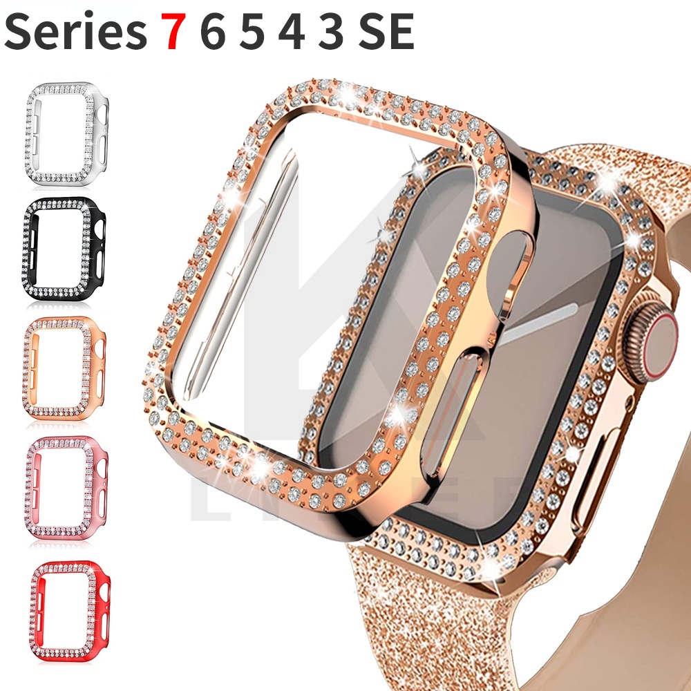 Diamond CaSE For Apple Watch7 41mm 45mm 44mm 40mm 42mm 38mm Bling Bumper Pelindung Cover iWatch Series7 3 4 5 6 se t500 x7 t5 t55 ft50 w26 w46 w56