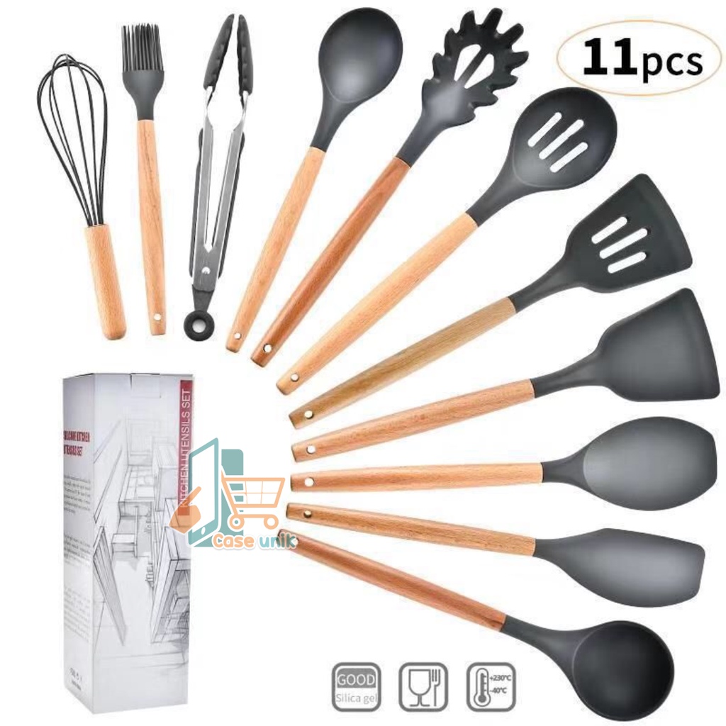 RT82 KITCHEN UTENSIL SILICONE WOOD 12PCS SET PERALATAN DAPUR MASAK BAKING SUTIL SPATULA SENDOK SILIKON SET ALAT MASAK 11 IN 1 GAGANG KAYU CS3947