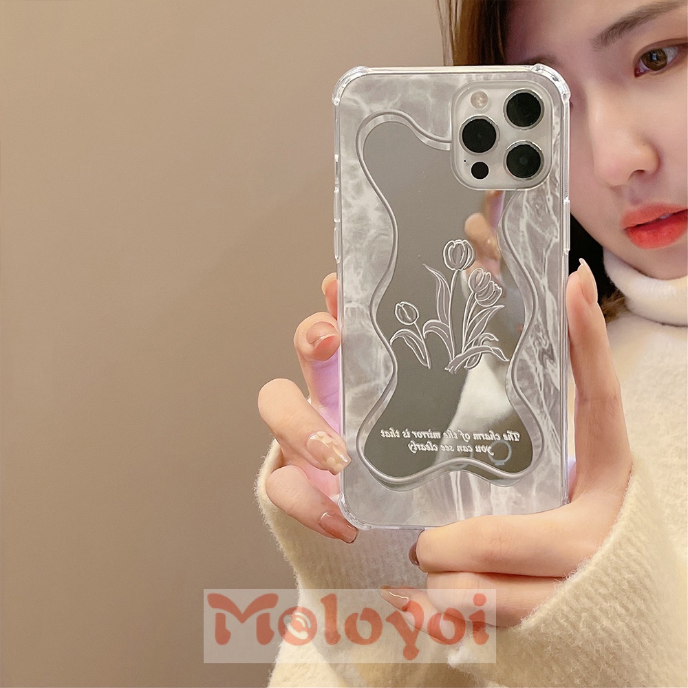 Soft Case TPU Transparan Motif Bunga + Daun + Cermin Makeup Untuk IPhone 13 12 11 Pro Max XR X 7 8 Plus XS Max SE 2020