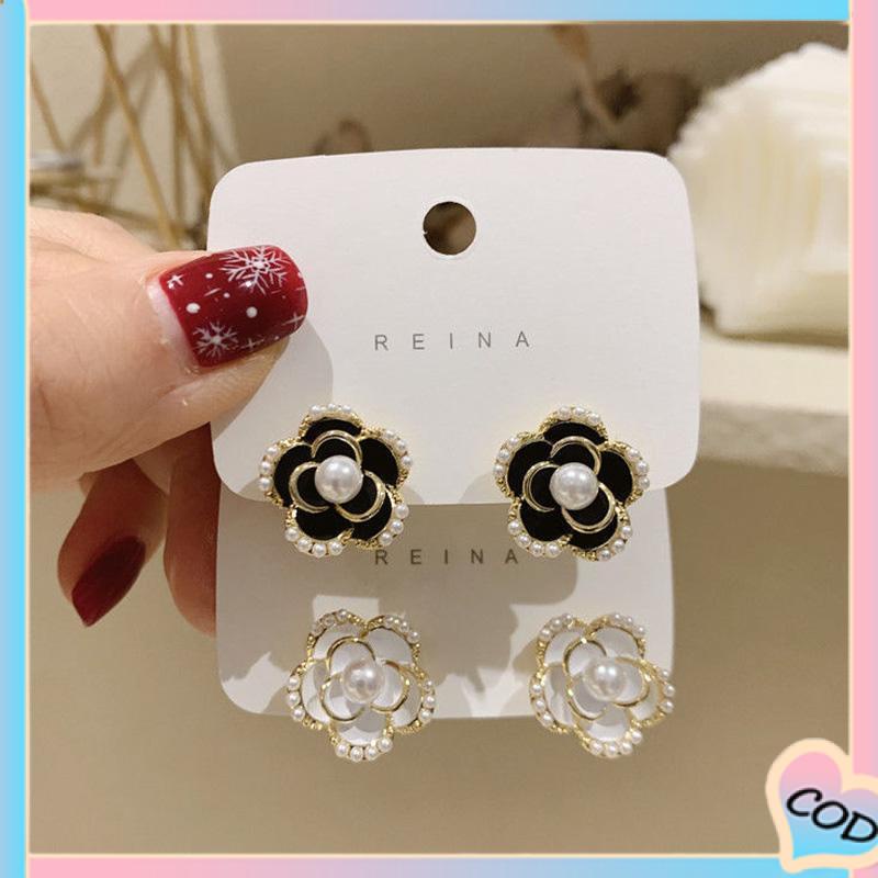 COD❤️ Tren Anting Pejantan Camellia Gaya Hong Kong Anting Pejantan Perak Mutiara-A.one