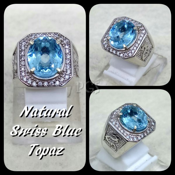 CINCIN BATU AKIK PERMATA NATURAL SWISS BLUE TOPAZ LONDON RING ALPAKA SUPER MEWAH GLAMOUR INDAH