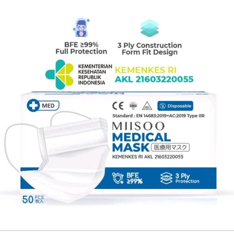 MIISOO Facemask Medical Masker Medis 3ply 50s Masker Bedah Produksi oleh AICARE izin Edar/Kemenkes @last66