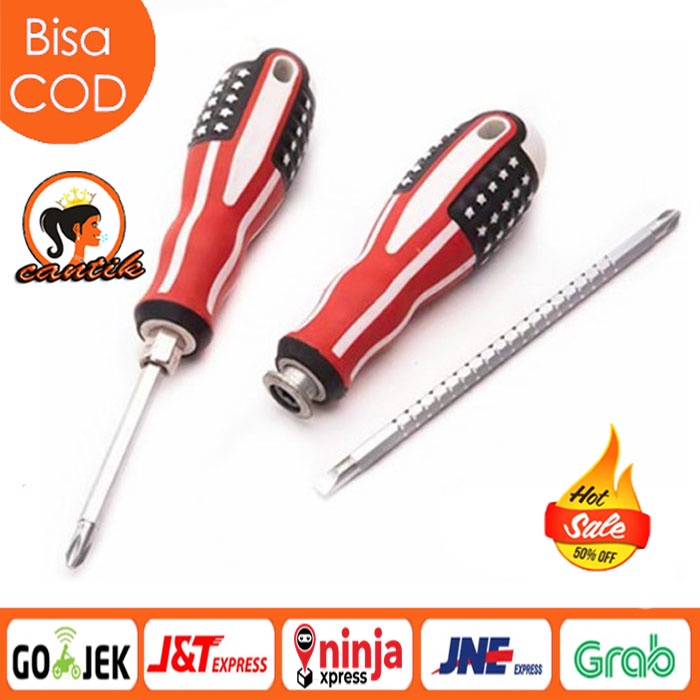 HC Obeng Bolak Balik Amerika 4 inch Gagang Karet 2 in 1 Screwdriver Plus Minus 2in1