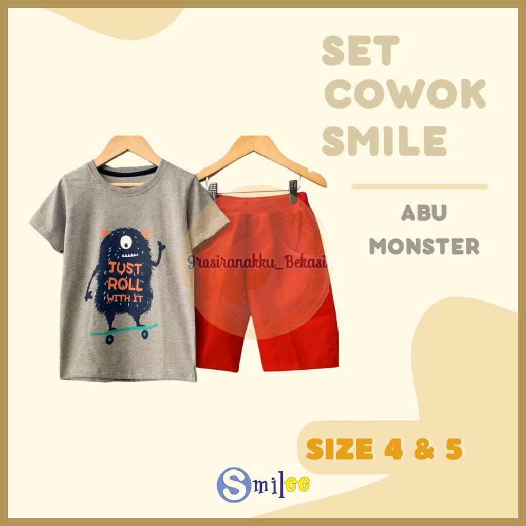 Setelan Anak Cowo Abu Monster Size 4&amp;5Tahun Murah