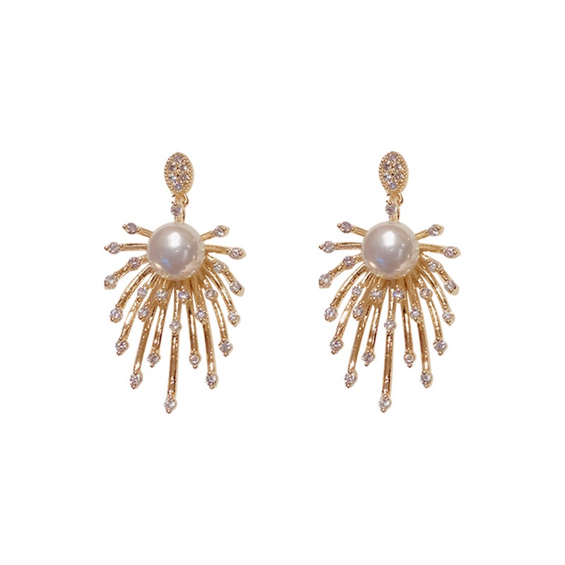 Kembang api anting-anting Mutiara Golden Pearl retro geometris liontin perempuan all-match lembut el