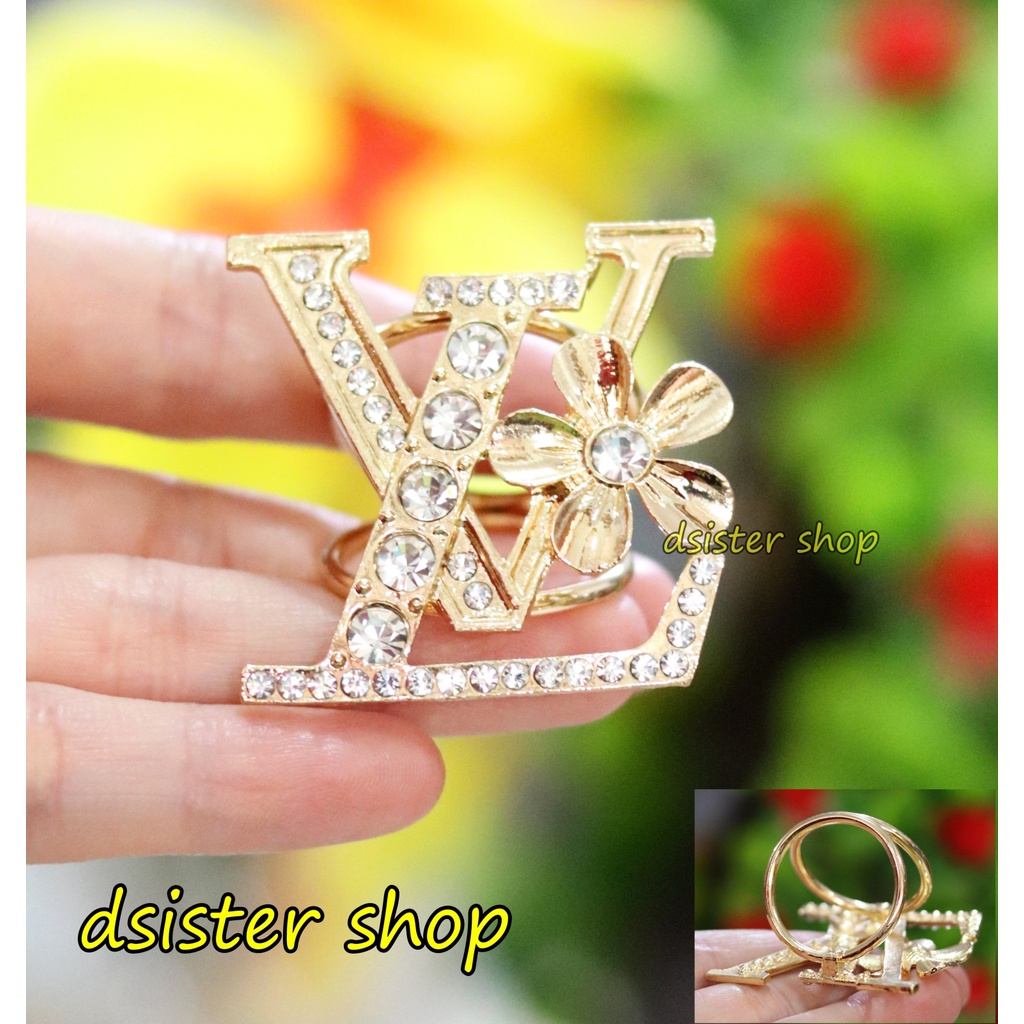 Bros Cincin Part 1 Ring Hiasan Aksesoris Syal Hijab HURUF Permata Hitam Putih-L Emas 1 Bunga