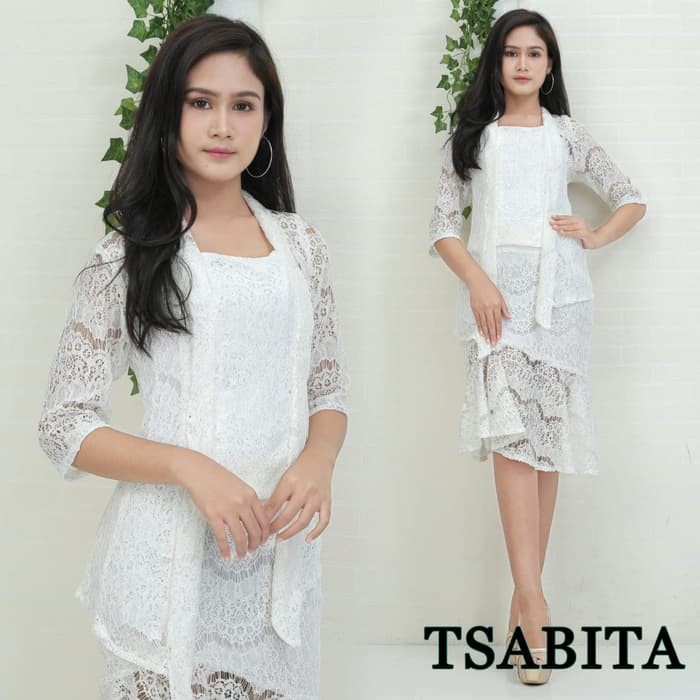 Kebaya Modern Brokat Kutubaru Stelan Putih dan Lainya BB