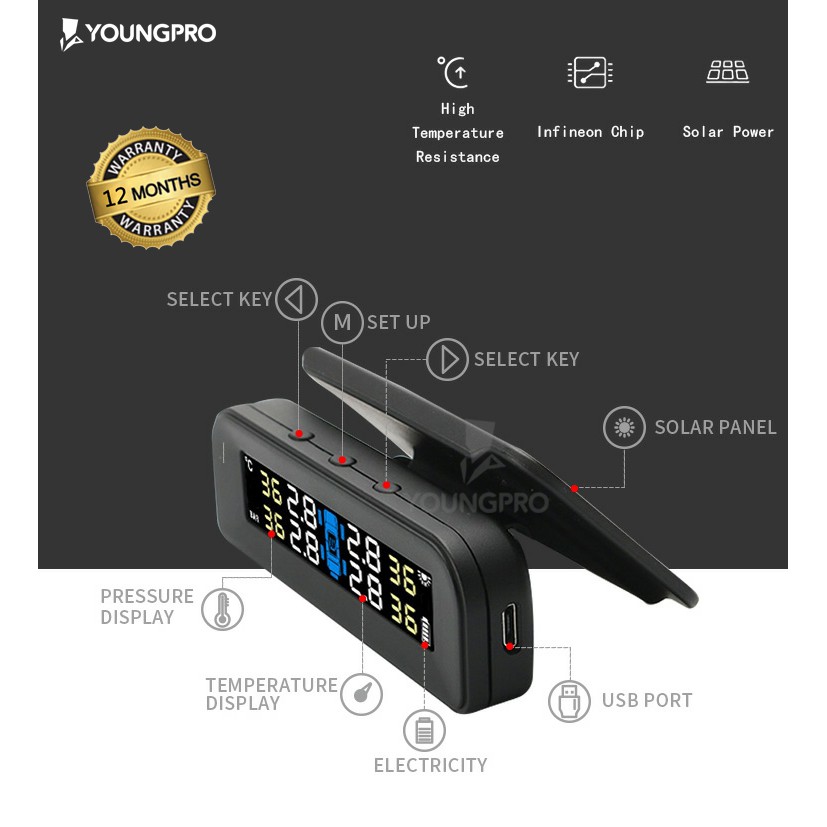 Youngpro C260 - Pengukur Tekanan Ban Real Time Sistem LCD Digital TPMS